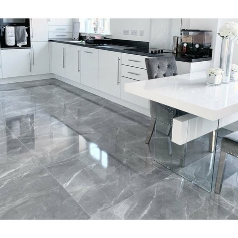 Symmetrical Kitchen, Grey Marble Kitchen, Living Room Floor Tiles, Grey Marble Floor, Marble Floor Kitchen, Modern Floor Tiles, Grey Kitchen Floor, Floor Tiles Design, Marble Flooring Design