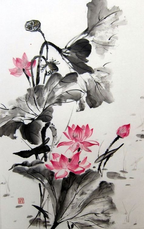 40 Peaceful Lotus Flower Painting Ideas Lotus Flower Painting, Japanese Ink Painting, Lotus Painting, Japanese Watercolor, Lotus Art, Art Asiatique, Tinta China, Chinese Ink, 수채화 그림