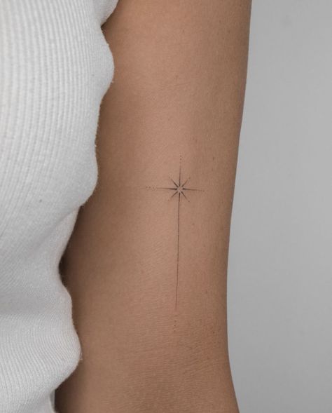 Back Of Arm Line Tattoo, Bright Star Tattoo, Endlessly Tattoo, Light Tattoos For Women, Star Tattoo Arm, December Tattoos Ideas, T Tattoo, Aesthetic Tattoo Ideas, Micro Tattoo