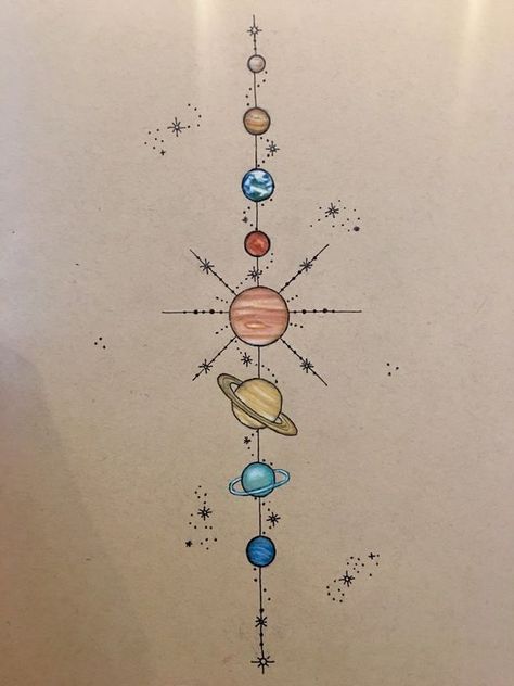 Planet Tattoo, Spinal Tattoo, Solar System Tattoo, Kunst Tattoos, Planet Tattoos, Galaxy Tattoo, Space Drawings, Seni Vintage, Space Tattoo