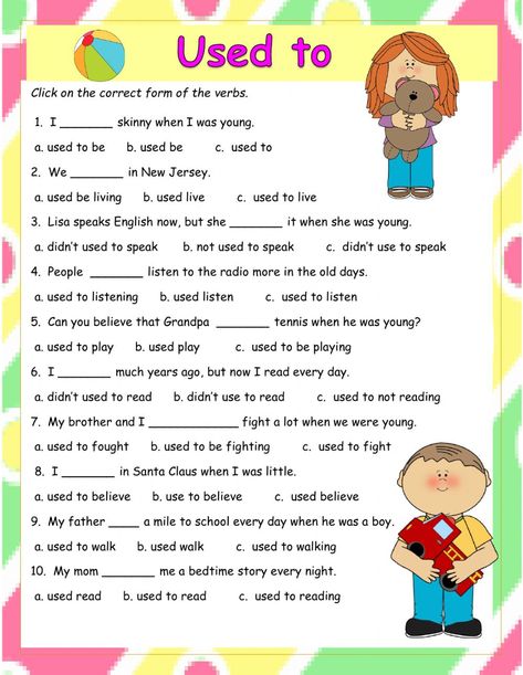 Used to online worksheet for Pre-Intermediate. You can do the exercises online or download the worksheet as pdf. Used To Worksheet, Esl Teaching Resources, Grammar Exercises, English Exercises, English Grammar Worksheets, Learn English Grammar, English Activities, English As A Second Language (esl), Esl Teaching