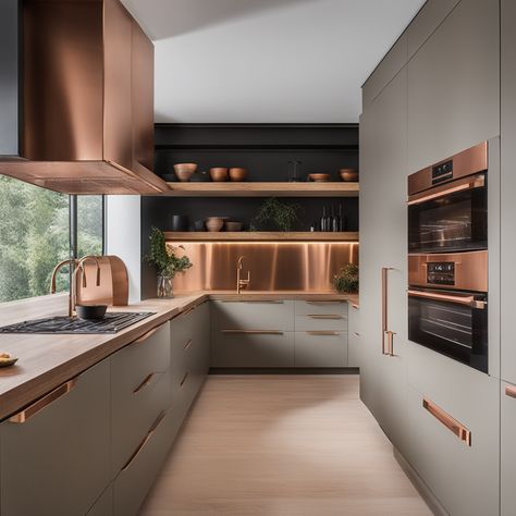 Kitchen Copper Accents, Modern Copper Kitchen, Taupe Cabinets, Neutral Cabinets, Modern Grey Bedroom, Kitchen Vibes, Kitchen Goals, Wooden Living Room, Purple Kitchen