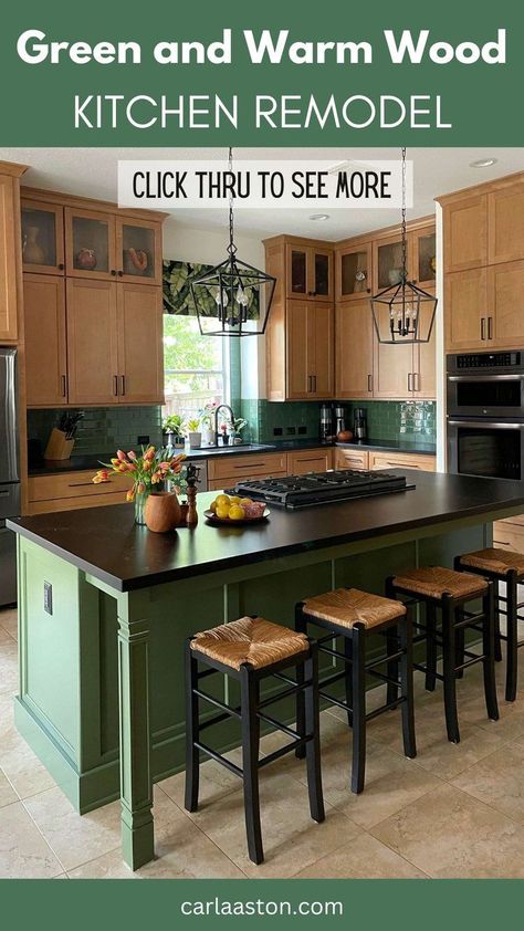 This Kitchen Proves Warm Wood Cabinets Can Be In Style Now! — DESIGNED Two Tone Kitchen Cabinets Wood, Antique Kitchen Island, Two Toned Kitchen Cabinets, Before And After Kitchen Remodel, Green Kitchen Island, Stained Kitchen Cabinets, Cabinets To Go, Two Tone Kitchen Cabinets, Before And After Kitchen