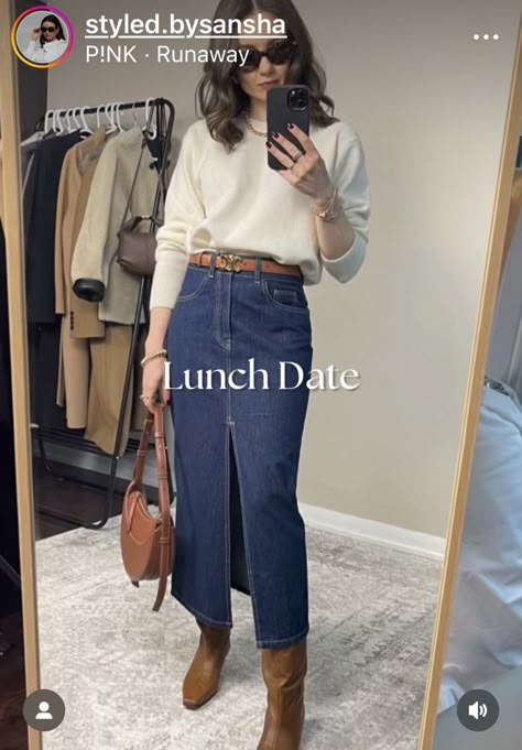 Denim Midi Skirt And Boots, Long Jean Skirt Outfits Summer Casual, Denim Midi Skirt Outfit Autumn, Midi Denim Skirt Outfits, Denim Blue Long Skirt For Fall, Fall Medium Wash Denim Skirt, Long Denim Skirt Autumn Outfit, Denim Maxi Skirt Outfit Winter, Fall Denim Skirt Washed