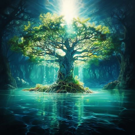 Tree In Water, Coastal Tree, Rivers Of Living Water, Willow Trees, Art Final, Fantasy Tree, Rain Art, Water Background, Giant Tree