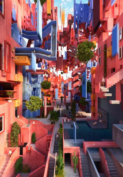 Escher Art, Ricardo Bofill, Colour Architecture, 3d Inspiration, Pintura Exterior, Senior Project, Colourful Buildings, Futuristic City, Building Ideas