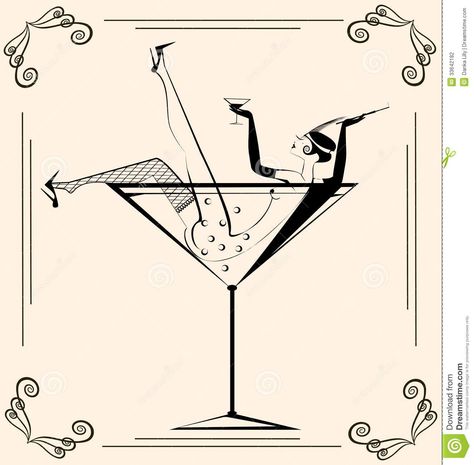 Retro Champagne Glasses, Woman In Cocktail Glass Illustration, Speakeasy Painting, Girl In Martini Glass Art, Woman In Martini Glass Drawing, Gatsby Silhouette, Vintage Cocktail Illustration, Vintage Woman Illustration, Drinks Illustration