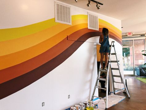 70s Inspired Wall Paint, 70s Wall Mural Diy, 70s Lines On Wall, 70s Stripe Wall Mural, 70s Wall Stripes, Racing Stripes On Wall, 70s Wall Painting Ideas, 70s Wall Stripes Paint Ideas, Retro Lines On Wall