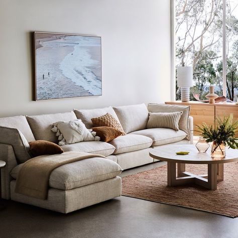 Freedom Australia on Instagram: “"Curl into cloud-like comfort on an oversized sofa. Feather and foam filled cushions provide generous support with just the right balance…” Cushions For Grey Sofa, Cloud Sofa Living Rooms, Cloud Couch Living Room, Black Sofa Living Room Decor, French Style Sofa, Oversized Sofa, Couch Styling, Freedom Furniture, Living Room Cushions