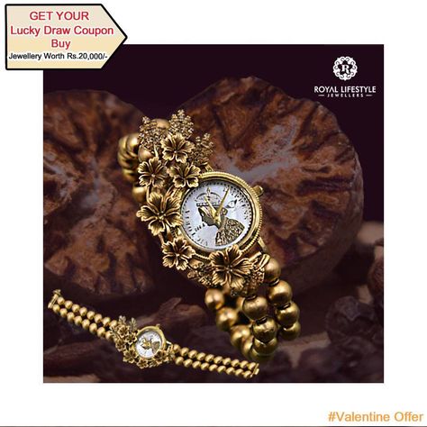 #valentineweek "Show Some Love to your Valentine, Get this Watch"... And Get Chance to Win 100g Gold Jewellery and one Smart Phone . . #BHATINDA Antique Gold Watches Women, Gold Watches Women Jewellery, Gold Watches Women Indian, Gold Bangle Watch, Gold Diamond Watches, Gold Pearl Jewelry, Pure Gold Jewellery, Antique Gold Jewelry Indian, Fancy Watches