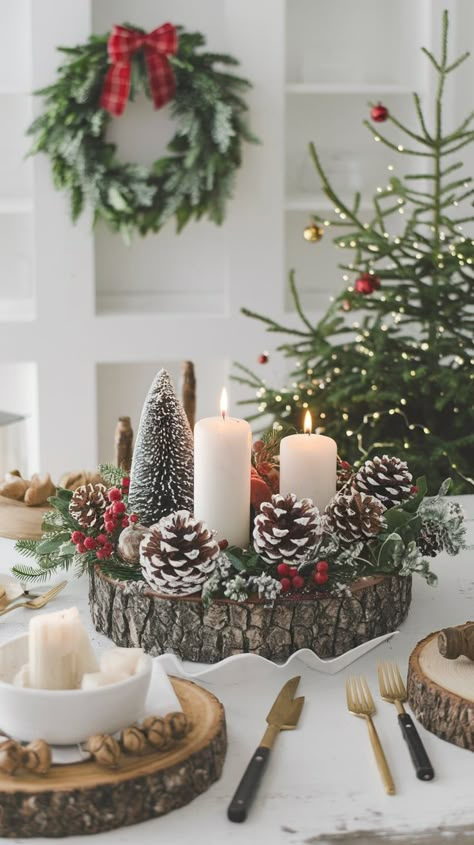 Pinecone Diy Crafts, Cabin Christmas Decor Ideas, Christmas Decor With Candles, Easy Holiday Centerpieces, Cozy Christmas Tree Ideas, Diy Centerpieces Christmas, Pine Decoration Ideas, Christmas Basket Decoration Ideas, Christmas Table Centrepiece Ideas