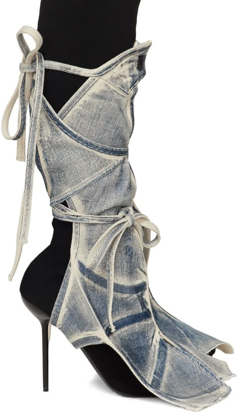 Handcrafted stretch denim leg wraps in blue. Cut-outs, raw edges, and trompe-l'oeil graphic printed throughout. · Self-tie and button fastening · Vented flared cuffs Each item is unique. Please note finishings may vary. Available exclusively at SSENSE. Supplier color: Sand/Blue paint Shose Design, Clothes Painting, Leg Wraps, Black Knee Boots, Fashion Design Portfolio, Weird Fashion, Denim Color, Color Sand, Denim Accessories