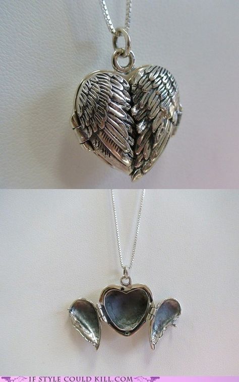 Silver chain with silver angel wing locket, opens from the middle. Heart shape. Pinterest Jewelry, Funky Jewelry, Jewelry Lookbook, Fantasy Jewelry, Jewelry Inspo, Dream Jewelry, Locket Necklace, Pretty Jewellery, Piercing Jewelry