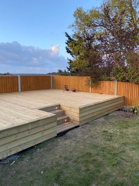 A decking build Project to turn an unused, overgrown part of the garden into an area to entertain and unwind on a summers evening. Raising the decking helped to take advantage of the stunning views across the fields but also to make it a focal point of the garden The Before    This was the top of the garden when we moved in and we knew we wanted to make something of what was behind this untidy hedgerow Hedge Removal     First task was to remove the hedgerow which had some pretty deep r… Decking At Back Of Garden, Decking And Grass Garden, Decking With Steps To Garden, Decking Sloped Garden, Raised Garden Decking Ideas, Garden Design With Shed At Back, Large Decking Area Ideas, Garden Design With Summer House, Raised Outdoor Deck