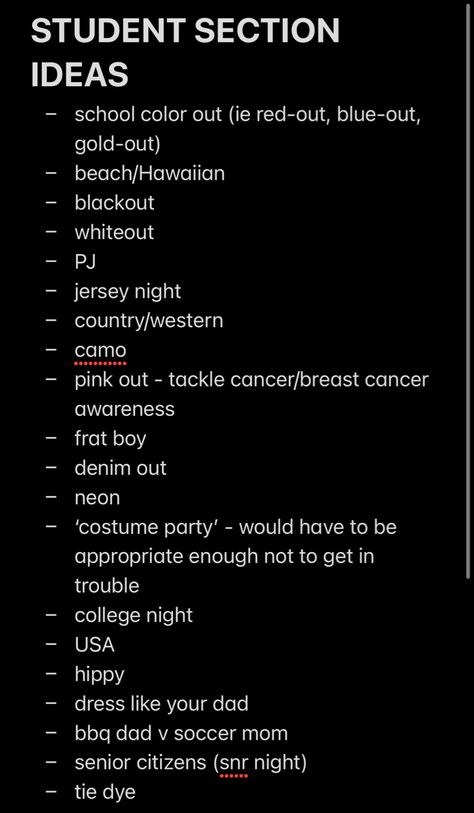 High School Rally Themes, Themes For Volleyball Games High School, Fun Football Themes High School, Spirit Week Themes Ideas, Grad Week Themes, Football Theme Ideas For Games, High School Basketball Theme Nights, Lunch Activities For High School, High School Sports Theme Nights