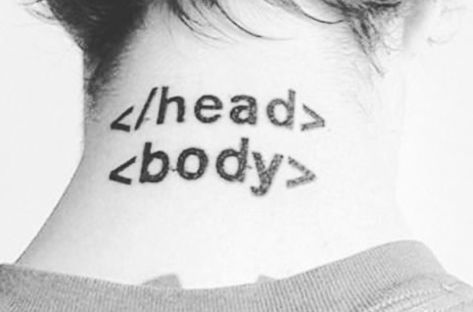 HTML Tattoo... reminds us several years ago we offered a free laptop to anyone who got our mouse mascot as a tattoo!  #HTML #tattoos #funnyITjoke Owl Feather Tattoos, Typography Tattoo, Nerd Tattoo, Geeky Art, Type Tattoo, Geek Tattoo, Tattoo Fails, Human Canvas, Bad Tattoos