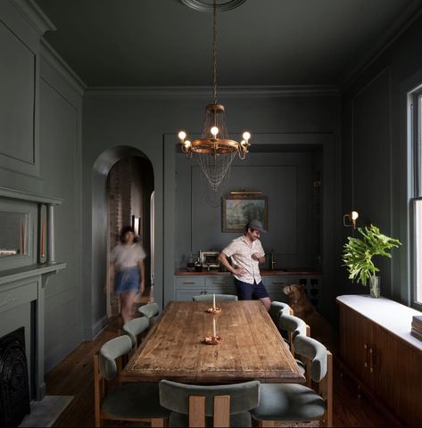 Blue Accent Walls, Green Dining Room, Shotgun House, Home Transformation, Hidden Potential, Public Architecture, Landscape And Urbanism, Chicago Architecture, Walnut Dining Table