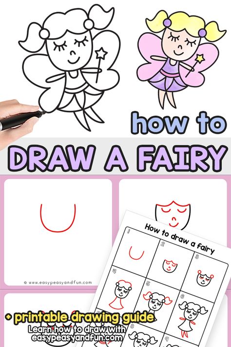 Fairies Drawing, Easy Fairy Drawing, Draw A Fairy, Sheep Drawing, Fairy Paintings, Easy Drawings For Beginners, Fairy Drawings, Directed Drawing, Kids Worksheets Printables