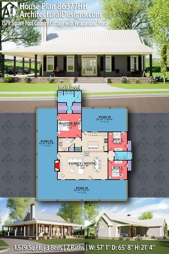 House Plan 86377HH gives you 1500 square feet of living space with 3 bedrooms and 2 baths Small House Plans 2 Bedroom, Cool House Plans, Cottage Small, Retirement House Plans, Family Dining Room, Small Balconies, Brian Head, Wraparound Porch, Porch Plans