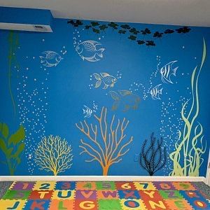 Shark Mural, Fish Mural, Kids Bedroom Themes, Underwater Bedroom, Sea Murals, Church Wall Decor, Ocean Bedroom, Ocean Mural, Sea Paintings