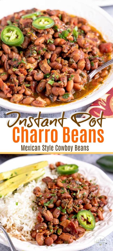 Charro Beans are delicious Mexican style pinto beans flavored with bacon, onions, tomatoes, cilantro and spices. This budget friendly and easy to make side dish is sure to become one of your favorite Instant Pot recipes. #pintobeans #pressurecooker #instantpot #sidedish #bacon #Mexican Charro Beans Mexican, Instant Pot Charro Beans, Mexican Crockpot, Mexican Beans Recipe, Cojita Cheese, Charro Beans, Pinto Bean Recipes, Serrano Peppers, Pork Hock