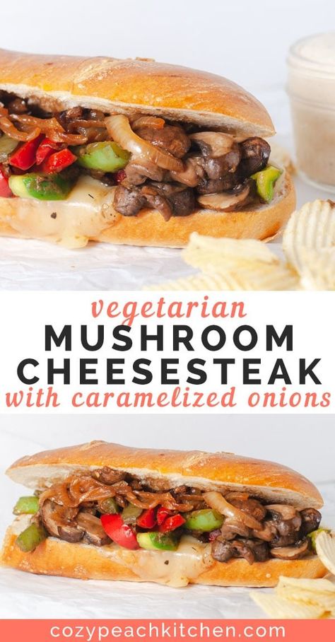 Mushroom Cheesesteak, Mushrooms Sandwich, Recipes Chickpeas, Onions Caramelized, Sandwich Vegetarian, Cheesesteak Sandwich, Pasta Vegetariana, Cheese Steak, Vegetarian Sandwich