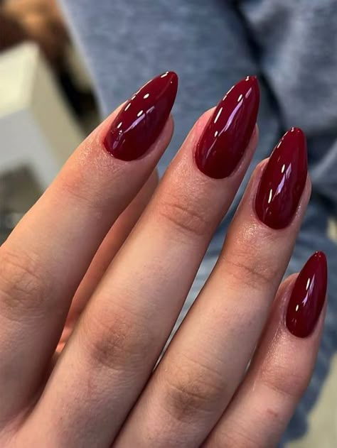 Almond nails Plain Nails Design Ideas, Almond Simple Nail Designs, Red Nails Plain, Plain Acrylic Nails Almond, Deep Red Nails Acrylic, Wine Color Nails Designs, Wine Almond Nails, One Color Nails Simple, Plain Red Nails