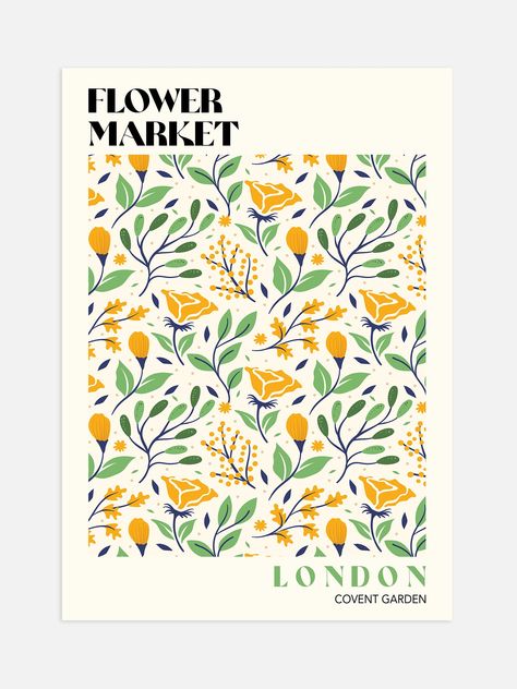 Brighten up your space with this Covent Garden Flower Market print. Instantly transport yourself to a botanical summer with a yellow and green floral pattern. Perfect for any home or office interior, it makes an ideal gift for friends and family. Make a statement and bring a touch of the London flower markets to your walls. Flower Market Prints, Flower Market Print, Market Poster, Covent Garden London, Flower Market Poster, Green Floral Pattern, Floral Poster, London Print, Decorating Inspiration