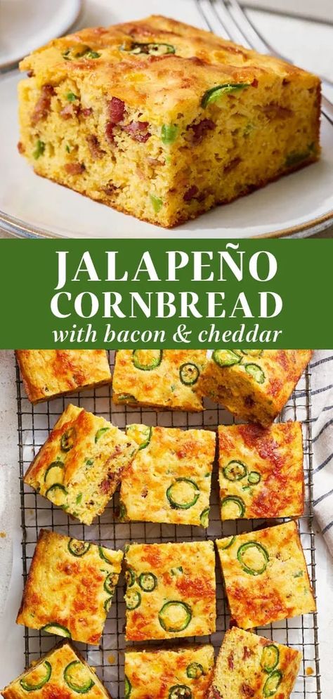 Jalapeño Cornbread with Cheddar & Bacon is easy to make, moist, buttery, fluffy, and so delicious. This recipe kicks it up a notch from your typical cornbread with oozy melted sharp cheddar, spicy jalapeños, and crispy bacon! Perfect side for any BBQ or picnic. #cornbread #jalapenocornbread #jalapenocheddarcornbread Cheesy Jalapeno Cornbread, Cornbread With Bacon, Jalapeño Cornbread Recipe, Healthy Cornbread, Mexican Cornbread Recipe, Bacon Cornbread, Jalapeno Bacon, Jalapeno Cheddar Cornbread, Cheddar Cornbread