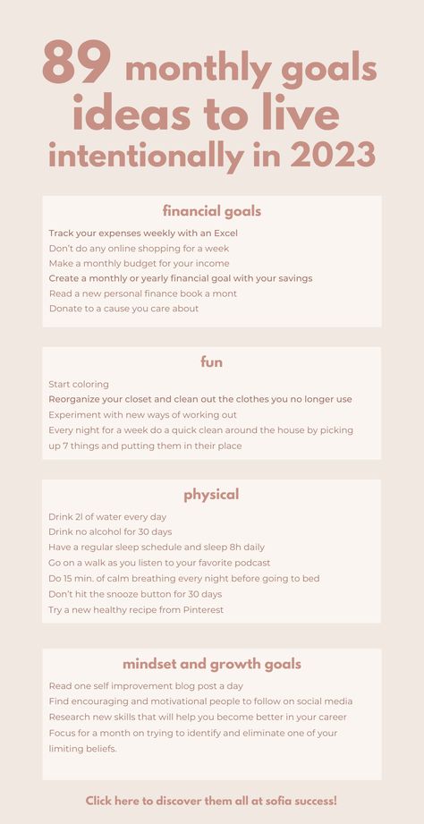 89 monthly goals ideas to live intentionally in 2023 Weekly To Do List Example, Specific Goals Ideas, Things To Plan Each Month, 3 Month Goals Ideas, Finance Goals Ideas, 12 Week Year Goals Ideas, 12 Week Goals, How To Become The Person You Want To Be, Personal Growth Goals Ideas