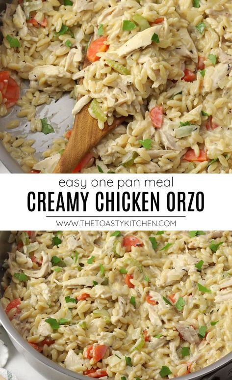 Orzo Chicken Pot Pie, Rotisserie Chicken Orzo, Chicken Orzo Recipes, Creamy Chicken Orzo, Orzo Casserole, Shredded Rotisserie Chicken, Orzo Recipe, One Pan Meal, Chicken Casseroles