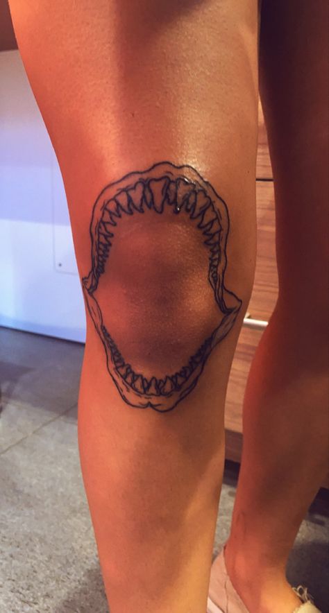 Jaws On Knee Tattoo, Shark On Knee Tattoo, Mouth Around Knee Tattoo, Shark Tattoo On Knee, Knee Shark Tattoo, Eat Tattoos Women, Mouth Knee Tattoo, Shark Mouth Tattoo Knee, Dope Tattoos For Women Half Sleeves