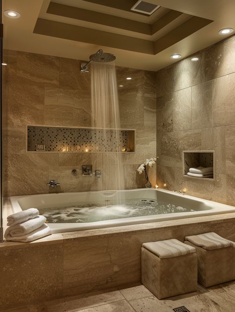 65 Bathroom Remodel Ideas: Create Your Dream Space with Style Modern Luxury Bathroom Design Master Bath Apartment, Hot Tub In Bathroom, Unique Tub Shower Combo, Bathrooms With Jacuzzi Master Bath, Master Bath Ideas With Jacuzzi Tub, Bathroom Ideas Stone Tiles, Bathroom Ideas Big Tub, Bathroom Renovation With Tub, Cool Bathroom Ideas Modern