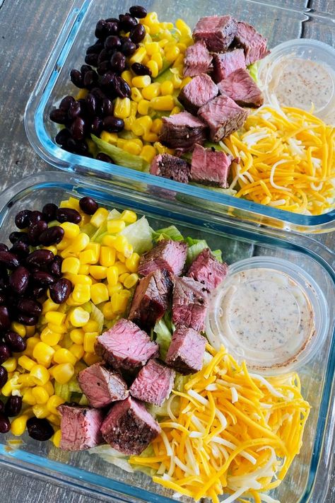 meal prep salads with steak cheese corn and beans Steak Meal Prep, Meal Prep Salads, Clean Meal Prep, Healthy New Year, Meal Prep Plans, Salad Meal Prep, Healthy Lunch Meal Prep, Dinner Meal Prep, Easy Healthy Meal Prep