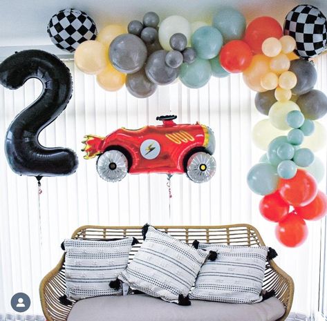 Muted Race Car Theme, Retro Car Themed Birthday Party, Retro Two Fast Birthday, Race Car Balloon Decor, Car Balloon Decorations, Retro Car Birthday Party, Retro Race Car Birthday, Two Fast Party, Diego Cake