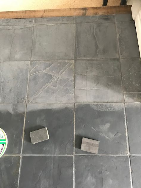 Bluestone House™: Floor Painting 101 !!! Painted Textured Tile Floor, Painting Stone Floor Tile, Refinish Slate Tile Floor, Limewash Tile Floor, Paint Stone Tile Floor, Painting Tile To Look Like Slate, Painted Tile Floors Kitchen, Slate Tile Floor Entryway, Dark Grey Tile Floor Bathroom