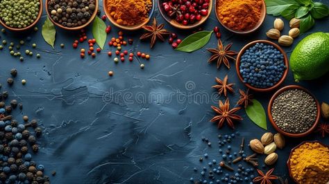 An Assortment of Vibrant Spices and Herbs on a Blue Slate Background in Daylight royalty free stock image Ayurvedic Background, Background For Website, Tea Wallpaper, Vector Poster, Spices And Herbs, Blue Backgrounds, Stock Images Free, Photo Image, Royalty