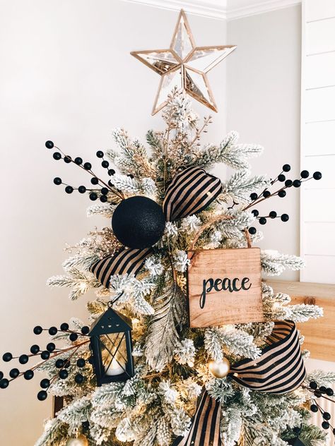 Black Metallic Wood Christmas - BMW Theme - White Oak Shop Christmas Tree Metallic, Black And White Modern Farmhouse Christmas Tree, Black White Wood Christmas Tree, Black Gold Bronze Christmas Tree, White Gold Black Christmas Decor, Brown Black Christmas Tree, Christmas Tree Themes Black And White, Black And Brown Christmas Tree Decor, Black White Christmas Tree Ideas