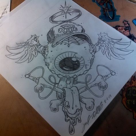 Jeral Tidwell on Instagram: “Tattooed flyin eyeball sketch for a new painting. #eyeball #flyineyeball #tattoo #sketch #wings #drawing #teeth #truckerhat #sparkplugs…” Flying Eyeball Tattoo, Eyeball Sketch, Flying Eyeball Art, Drawing Teeth, Tattoo Art Drawings Sketches, Eyeball Drawing, Flying Eyeball, Eyeball Tattoo, Skull Stencil