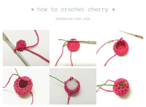 Crochet Cherry | Amigurumi Free Pattern | Bohemian Cat Crochet Cherry Earrings Free Pattern, Crochet Cherry Keychain Pattern, Crochet Cherry Keychain Pattern Free, Crochet Cherry Earrings, Crochet Cherries Free Pattern, Crochet Cherry Pattern, Cherries Crochet, Cherry Crochet Pattern, Cherry Amigurumi