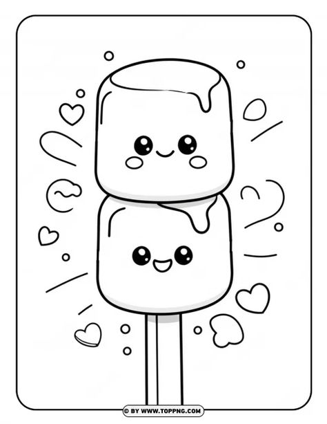 Marshmallows stick Kawaii Coloring page Cute Snacks Drawing, Marshmallow Cartoon, Marshmallow Drawing, Marshmallow Art, Marshmallow Sticks, Marshmallow Crafts, Stick Drawings, Cute Marshmallows, Body Template