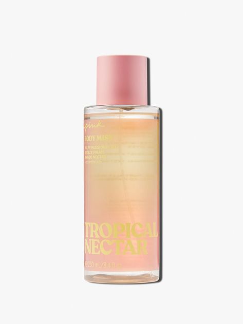 Tropical Nectar Body Mist Pulpy Passionfruit Breezy Palms Mango Nectar Smells like: A tropical breeze of exotic fruits and fresh-cut blooms. Feels like: Kicking back in a swaying hammock, sipping a bright pink, freshly-juiced, beachside drink. Taste the crush of tangy passionfruit and nectary-y mango. Feel the flutter of cool Pacific air. Smile up at the sun. Body mists create the perfect veil of scent, every time. This light-as-air fragrance mist imparts a buildable layer of fragrance. Spritz o Pink Body Mist, Victoria Secret Body Mist, Victoria Secret Lotion, The Crush, Perfume Scents, Body Hacks, Pink Body, Hair Essentials, Girly Accessories