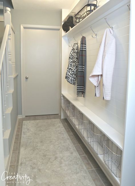 Narrow Hallway Mudroom Using Only 5.5 inches of Depth Hallway Mudroom, Front Hall Closet, Mudroom Laundry Room Ideas, Narrow Closet, Small Mudroom Ideas, Narrow Laundry Room, Entry Closet, Mud Room Entry, Hallway Closet