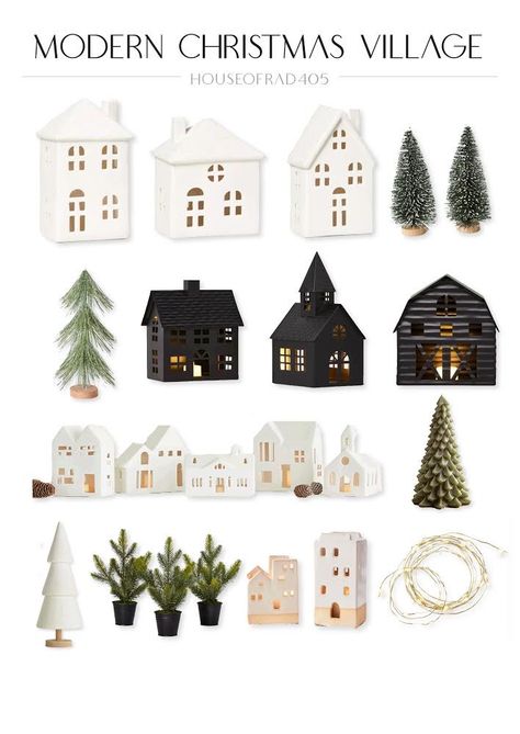 Modern Christmas Village with Lighted White Ceramic Houses and Lighted Black Metal Houses Modern Christmas Village Houses, Ceramic Christmas Village Houses, Christmas Village White Houses, Christmas White House Village, Ceramic Houses Christmas Decor, Minimalist Christmas Village, Metal House Decor, White Christmas House Village, Black Christmas Village Houses