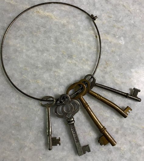 * Antique  * Set of 5  * Ring is 5" W  * Keys are approximatley 3.0-3.5" L  * One key has "key to my heart" on it.  * One has a slight bend in it.   * Ring is an easy-open.  * Reminds of a old time jailer's keys on a ring. Old Lock And Key, Key Ring Aesthetic, Aesthetic Keys, Jail Tattoos, Keys Aesthetic, Entertainment Illustration, Tv Memes, Artemis Fowl, Old Keys