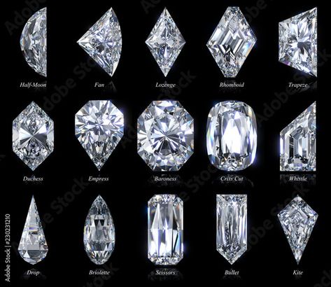 Stock Image: Fifteen exotic and rare diamond cut shapes with titles isolated on black background. 3D illustration Rare Engagement Rings, Diamond Chart, Types Of Diamond Cuts, Shape Chart, Rare Diamond, Jewelry Knowledge, Diamond Drawing, Art Jewelry Design, Jewelry Illustration