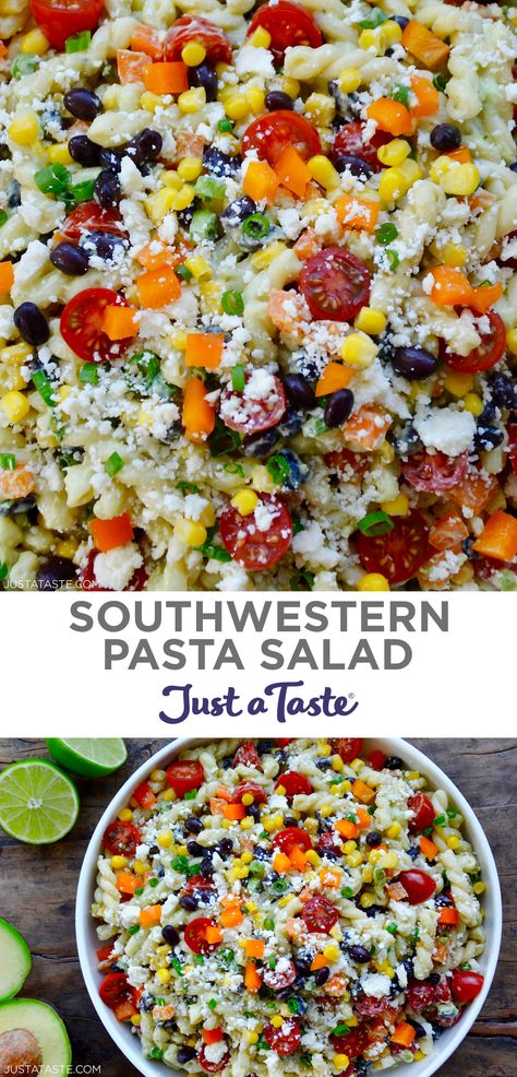 Pasta Salad Recipes No Tomatoes, Pasta Salad Without Mayonnaise, Mayonnaise Based Pasta Salad, Pasta Salad No Mayonnaise, Deli Salads Recipes, Pasta Salad With Avocado Dressing, Southwestern Pasta Salad, Pasta Salad With Avocado, Southwestern Pasta