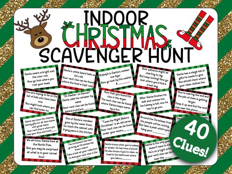 "Indoor Christmas Treasure Hunt丨 Christmas Scavenger Hunt Cards丨Christmas Scavenger Hunt丨Christmas Treasure Hunt Clues丨Kids Scavenger Hunt This indoor Christmas scavenger hunt printable is the perfect way to make your kids holiday extra special! The scavenger hunt cards are simple for kids to figure out and they will have fun with the game! The cards are not in any particular order, just use the ones you want. This item is a printable PDF. Print as many times as you need. ➤ You will receive (1) Christmas Treasure Hunt, Christmas Gift Games, Treasure Hunt For Kids, Xmas Games, Christmas Scavenger Hunt, Treasure Hunt Clues, Scavenger Hunt Clues, Fun Christmas Party Games, Fun Christmas Games