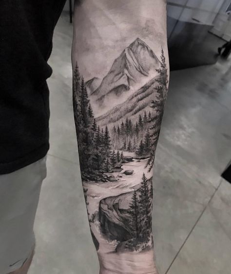 25.3k Likes, 199 Comments - Bang Bang Tattoo (@bangbangnyc) on Instagram: “🌲💚 @turan.art” Mountain Sleeve Tattoo, Forearm Tattoo Men Sleeve, Landscape Tattoos, Forest Tattoo Sleeve, Tato Lengan Bawah, Dr Tattoo, Natur Tattoo Arm, Wilderness Tattoo, Tato Geometris