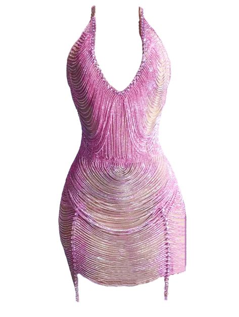 Pink rhinestone embellished dress with sheer front. Night Out Dress Aesthetic, Hock Dress, Pink Rhinestone Dress, Egirl Clothing, Rhinestones Dress, Baddie Dresses, Strapless Ruffle Dress, Performance Outfits, Preformance Outfits